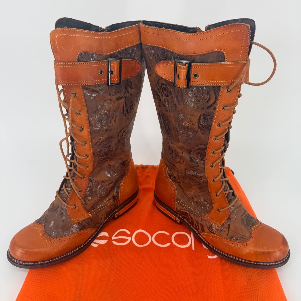 Socofy Womens Leather Lace Up Mid Calf Boots Floral Wingtip Orange Brown 10.5